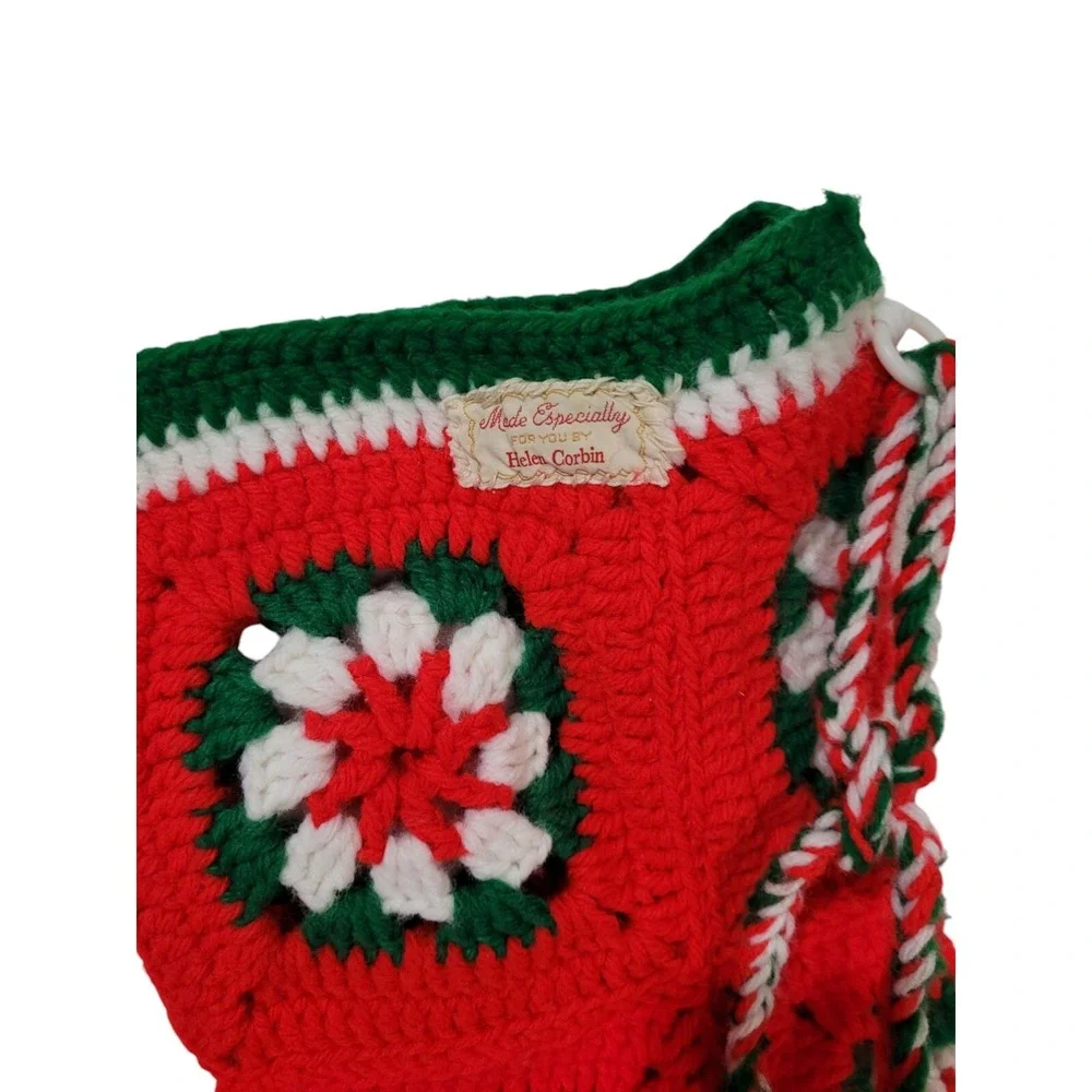 Vintage Crochet Granny Square Christmas Holiday Stocking White Red Green 19
